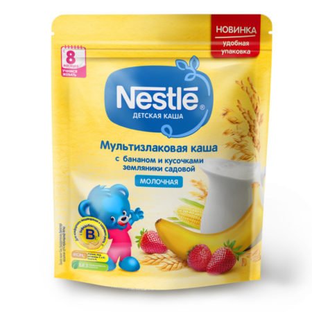 Nestle südlü çox taxıllı banan və çiyələk dilim ilə sıyığı, 8 aydan