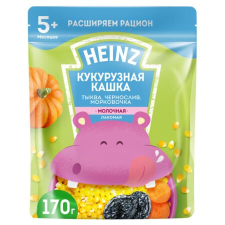 Каша Heinz молочная Лакомая кукурузная с тыквой, черносливом, морковочкой (с 5 месяцев) 170 г