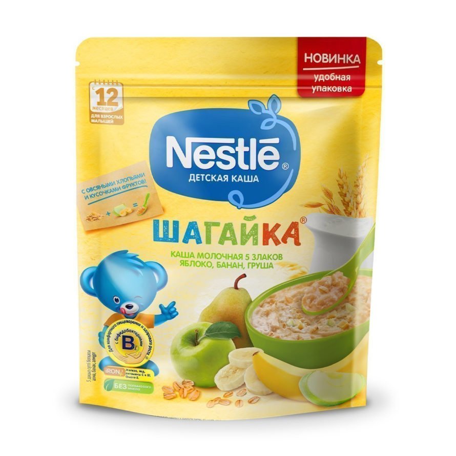 Каша Nestle молочная Шагайка 5 злаков с кусочками яблока, банана и грушей (с 12 месяцев)