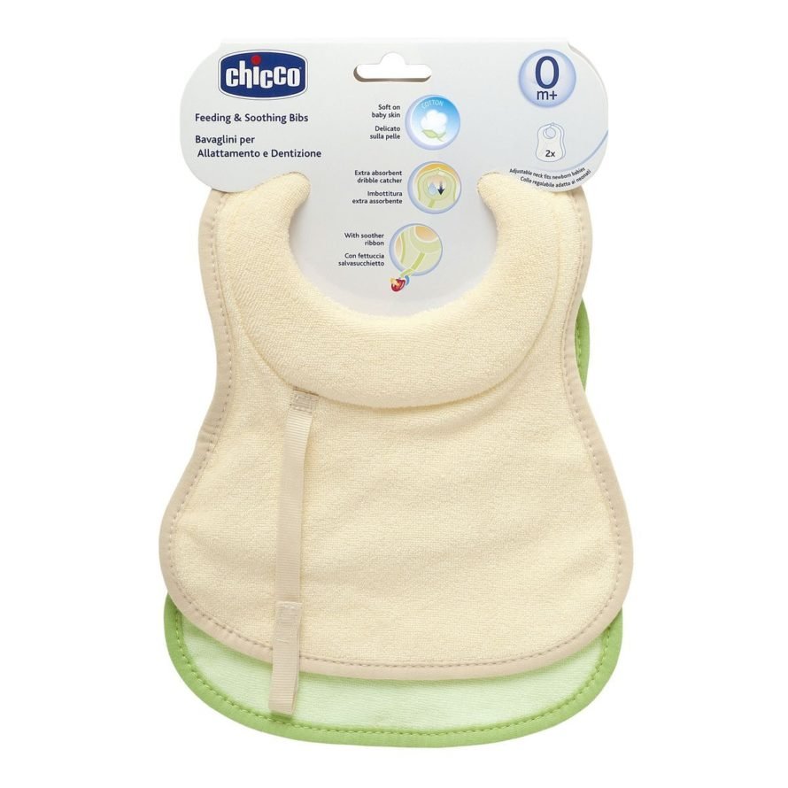 Chicco Нагрудник хлопковый 2 шт, цвет кремовый, светло-зеленый