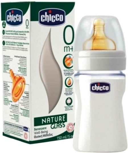 Chicco стеклянная бутылочка для кормления с латексной соской 150 мл