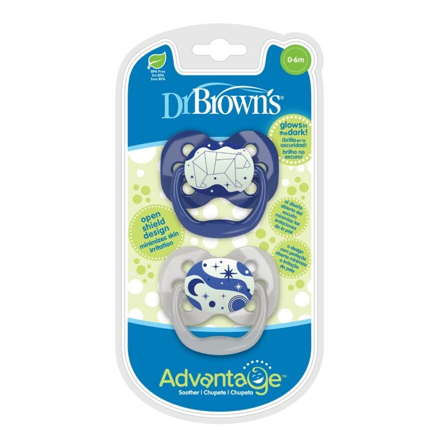 Dr. Brown’s Advantage Pacifier – Stage 1, Glow in the Dark, 2-Pack, Blue, 0-6 m