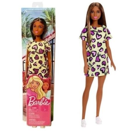 Mattel Barbie Doll Brunette Wearing Yellow and Purple Heart-Print T7440