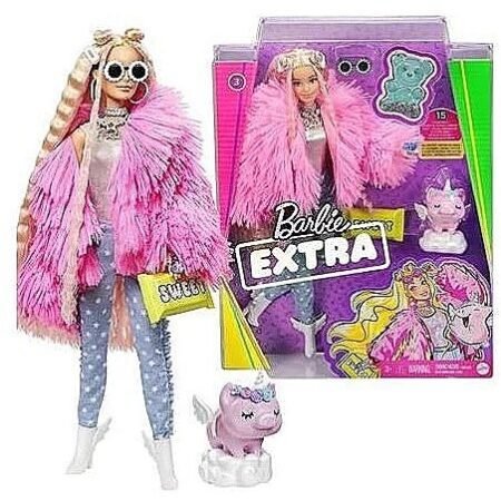 Mattel Barbie Extra Doll in Pink Fluffy Coat with Unicorn-Pig Toy