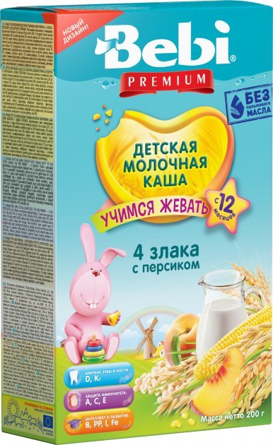 Bebi Premium 4 dənli südlü sıyıq şaftalı ilə, 12 aydan 200 q